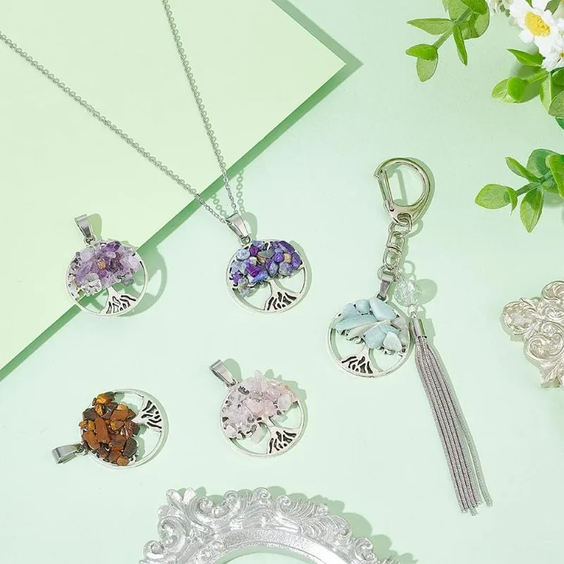 20 Pcs Tree of Life Pendant Charms 5 Styles Natural Mixed Chip Stone Pendants Flat Round with Life Tree Charm Pendants for Neckl