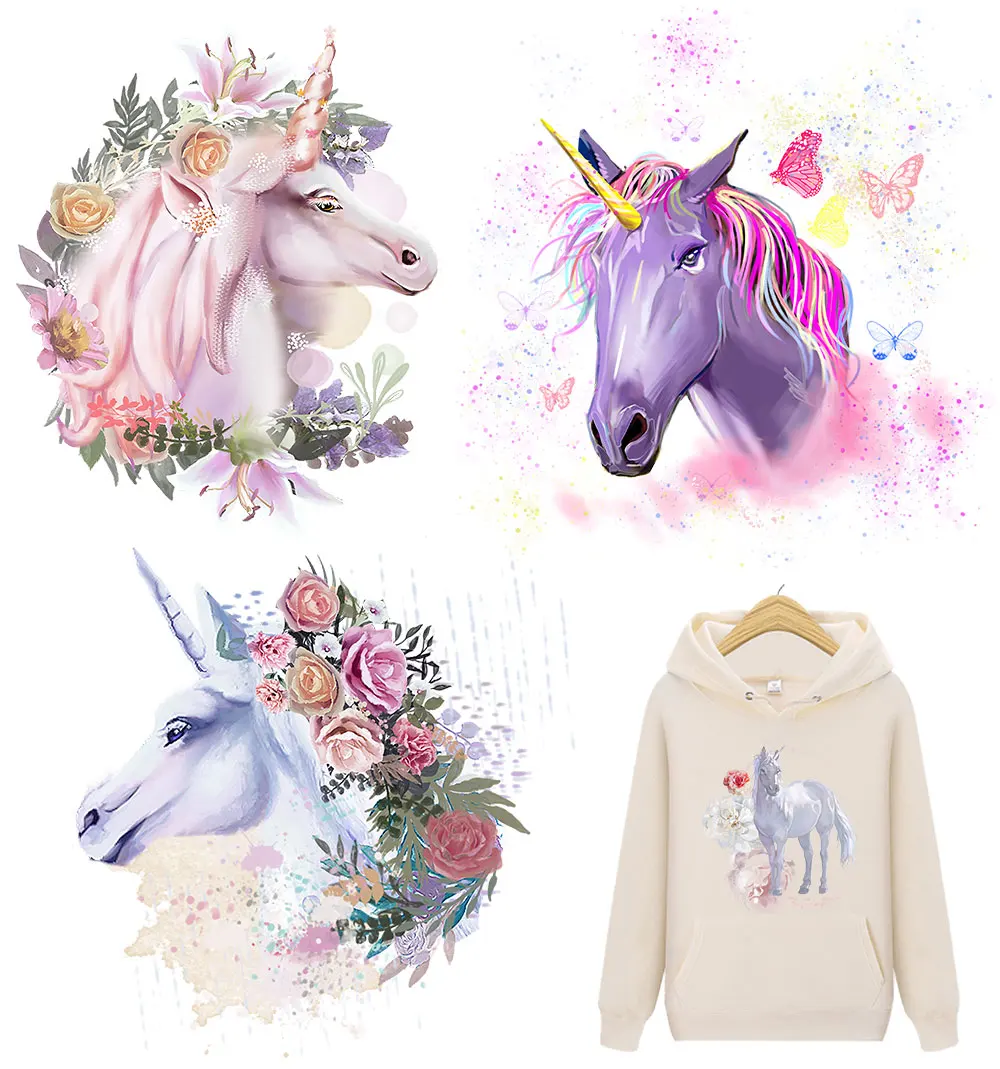 

Unicorn Thermal Stickers On Clothes Watercolor Pink Horse Iron On Patches Heat Transfer PVC Patch Applique For Clothes Parches