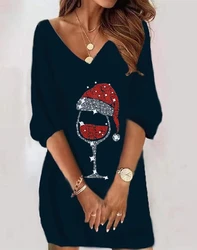 Christmas Wine Glass Print Womens Dresses 2023 Spring Fashion Casual V-Neck Half Sleeve Daily Mini Straight Dress Woman Clothing