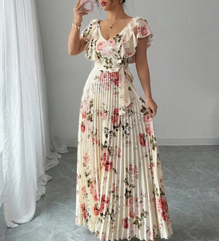 

Women's Dress 2026 Spring Summer New Flower Printed Deep V-Neck Ruffles Design Short Sleeve Cinched Waist Casual Pleated Dress