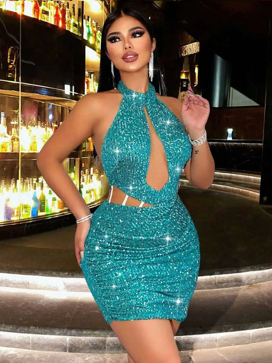 

Sparkly Teal Halter Neck Cut-Out Bodycon Mini Dress for Party