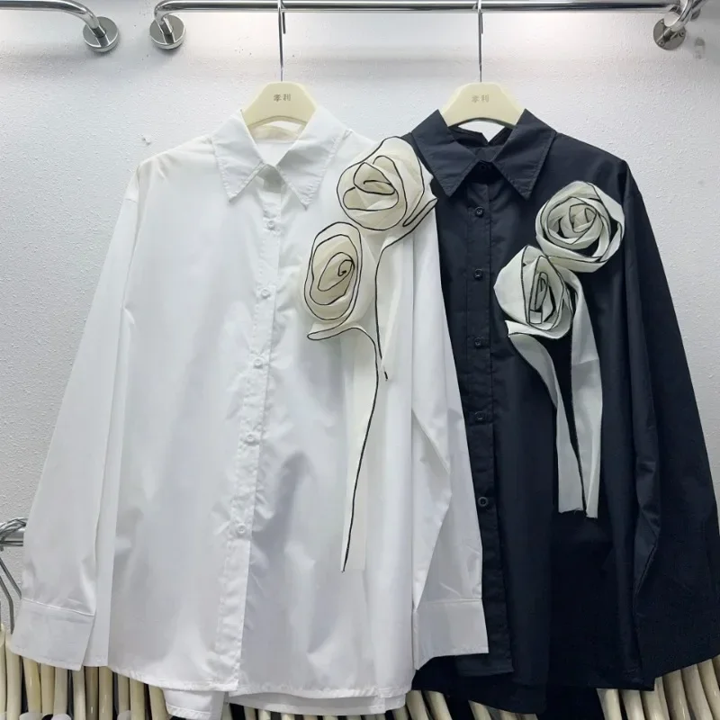 

Long-sleeved Three-dimensional Flower Design Blusas Lapel Collar Blouse Simple Solid Shirts Loose Chic Commuter Women Tops