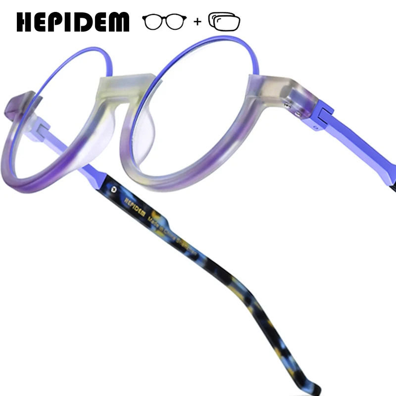 HEPIDEM Myopia Prescription Glasses Anti-Blue Progressive Optical Lens Eyewear Men Women Acetate Round Eyeglasses 9366