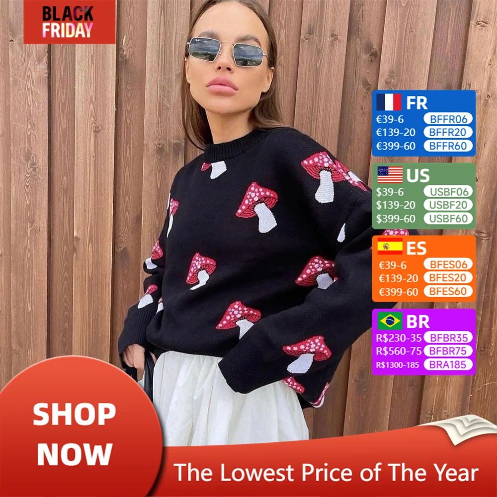 Women\'s Clothing Trend 2024 New Fashion Mushroom Graphic Print Sweater Long Sleeve Plus Size Tops Loose Casual Street Pullovers