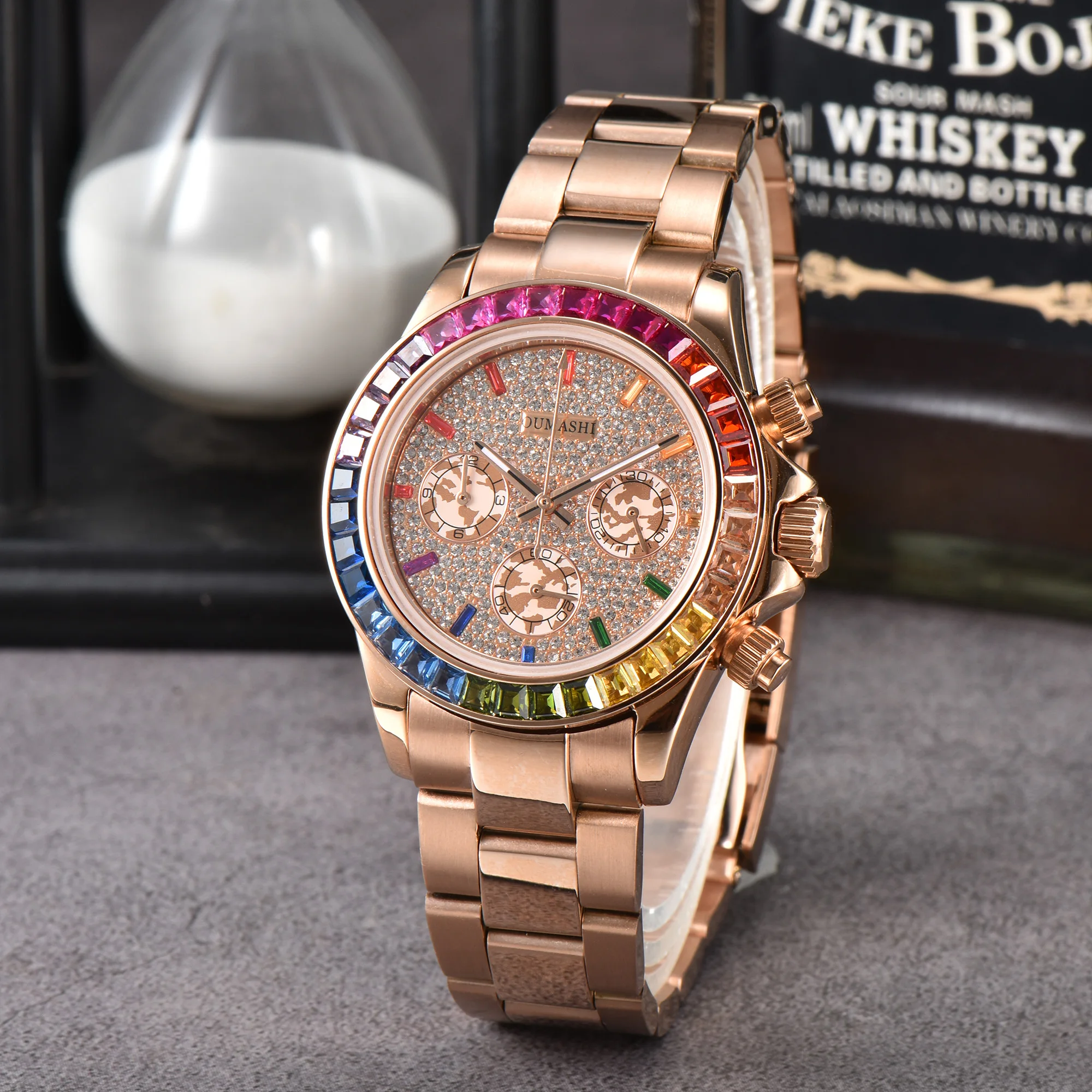 DTN series watch OUMASHI rose gold series diamond dial, rainbow crystal scale, sapphire glass waterproof VK63 chronograph