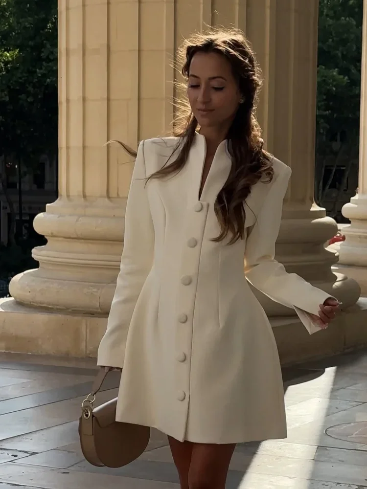 

White Single Breasted A-line Mini Dress Women Elegant Solid Color Waist Pleated Short Dresses Daily Chic Evening Dinner Gowns