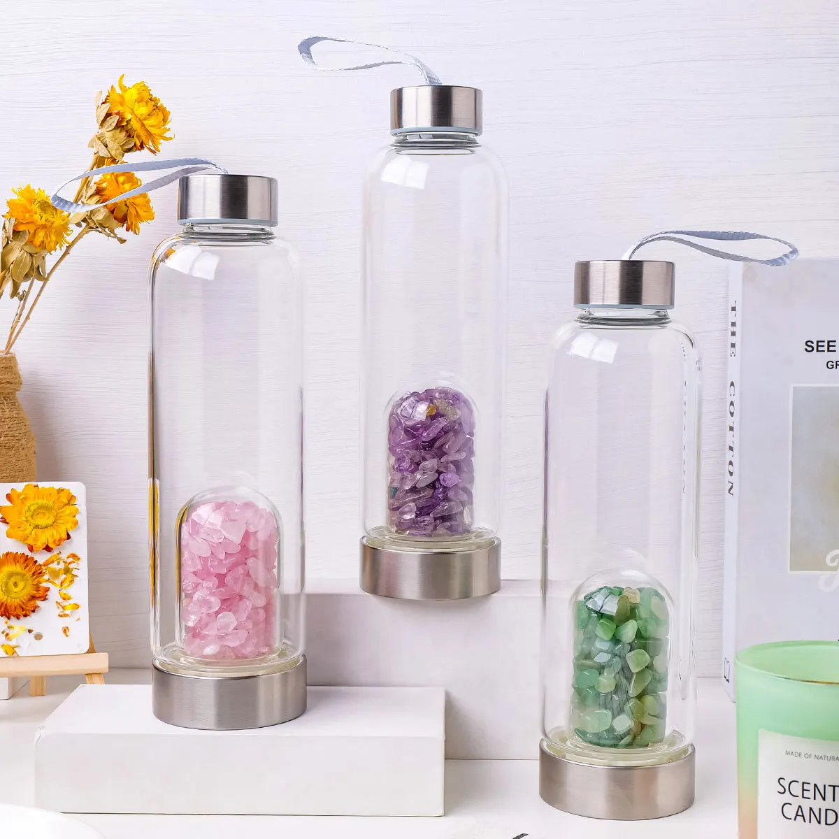 Healing Crystal Energy Glass Water Bottle Stainless Steel Lid Portable Gemstone Drinking Bottle Yoga Meditation Gift