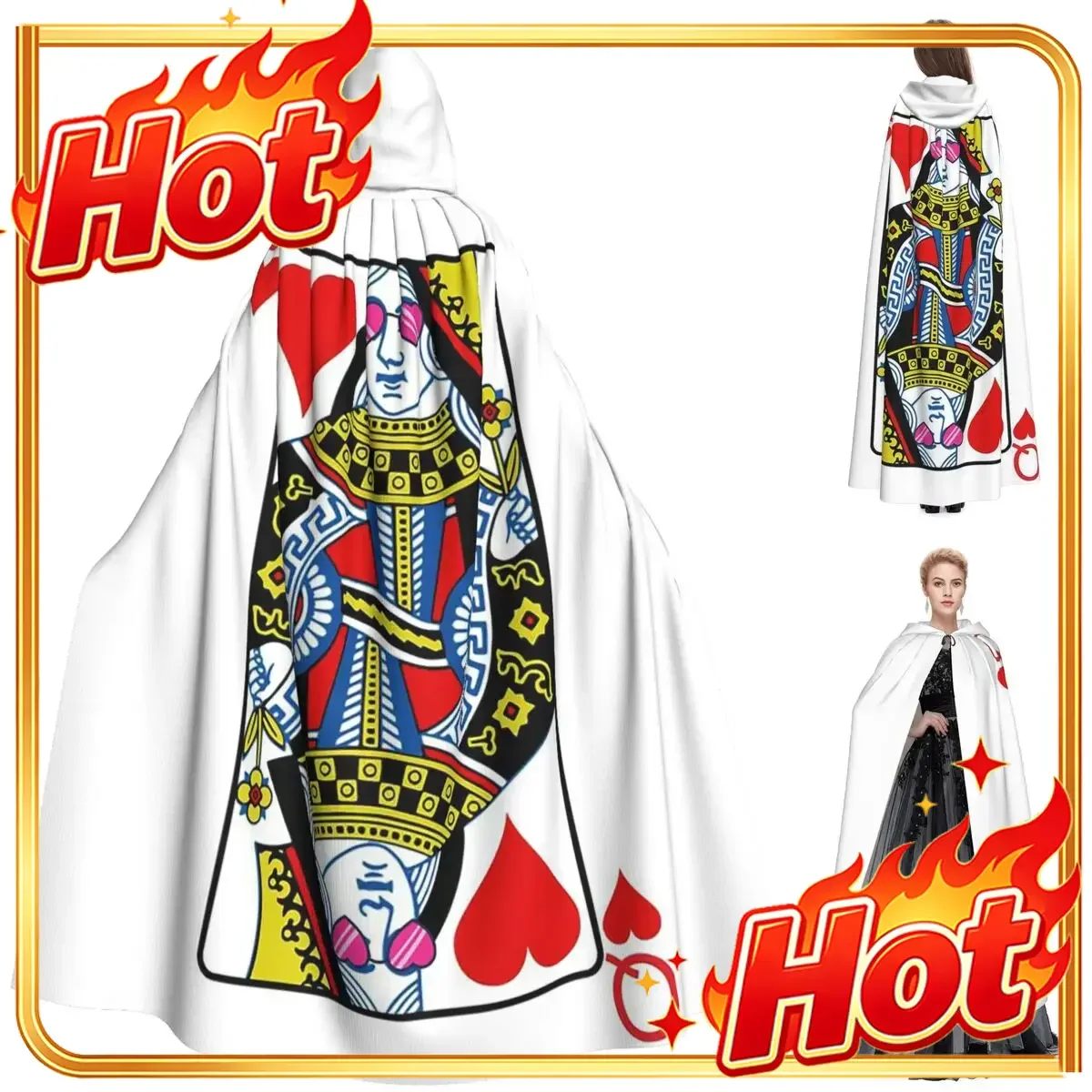 Casino Nights Red Q-Queen-S Of Hearts Long Hooded Cloak Witch Medieval Costume Cosplay Cape HalloweenParty Adult Unisex