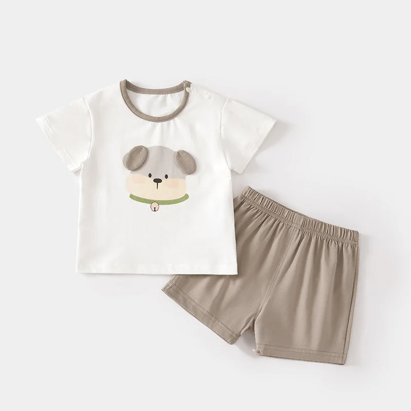 Baby Short-Sleeved T-shirt Suit Home Wear Thin Summer Boys and Girls Shoulder Open Shorts Loose Baby Outerwear