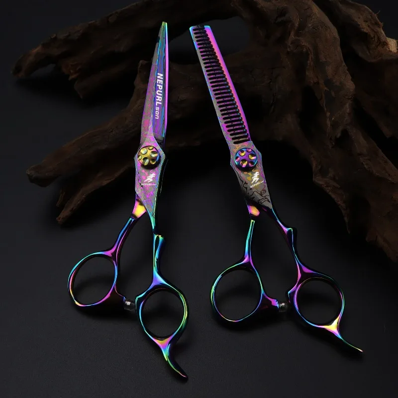 NEPURLson 6.0inch JP440C colorful damascus adjustable high screws hair scissors  for the right hand, sharp and beauty
