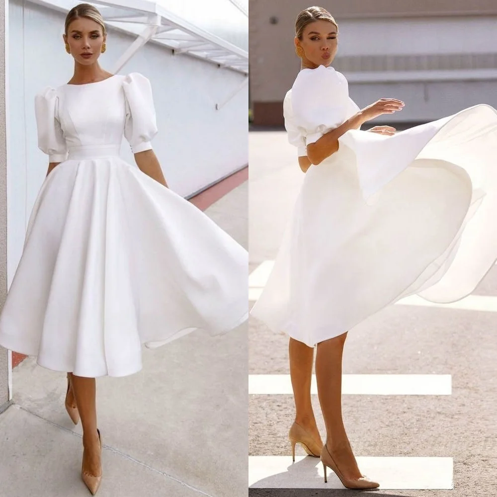 맞춤형 우아한 화이트 새틴 웨딩 드레스 고품질 크루 넥 하프 슬리브 신부 가운 코트 트레인 지퍼 백 드레스