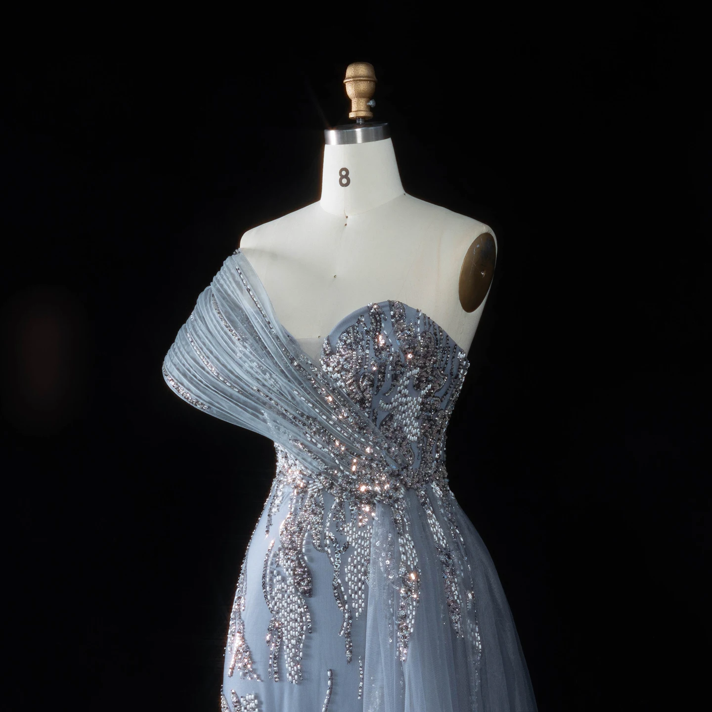 Sharon Said Luxuriöses Champagnerfarbenes One-Shoulder-Abendkleid mit Perlen und Tüllschleppe, Partykleid für Damen SS136, Maßanfertigung – Detail 17