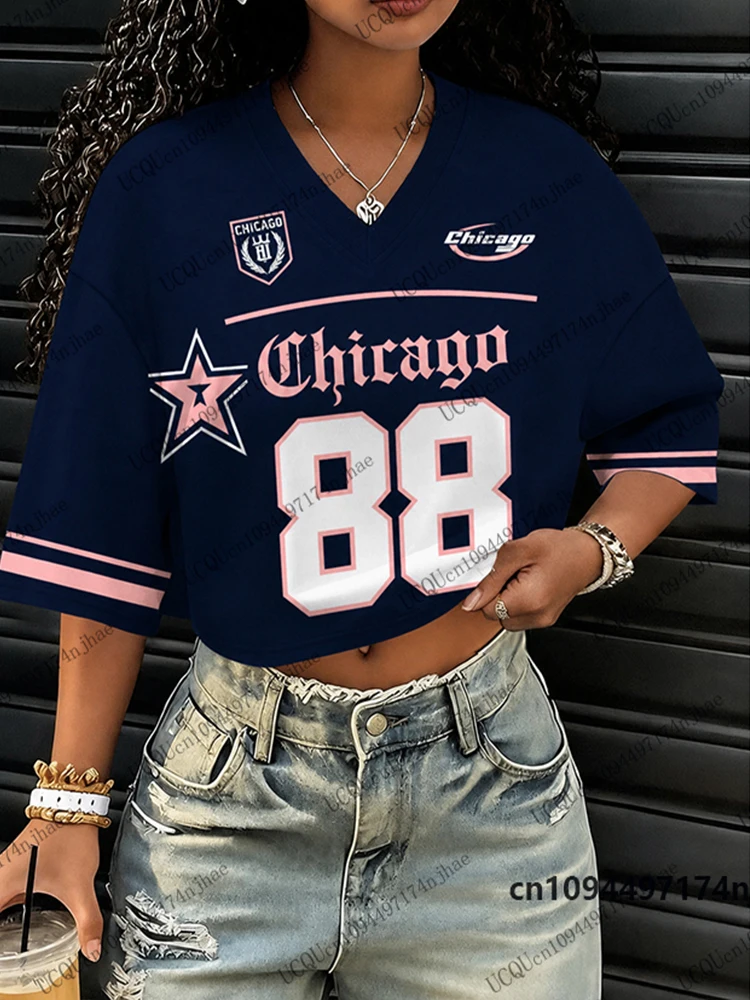 2026 New Chicago No.88 Print T-Shirt For Women Summer Short Sleeve Sexy Crop Top Football Jersey Y2k V-neck Tees Sports Tops