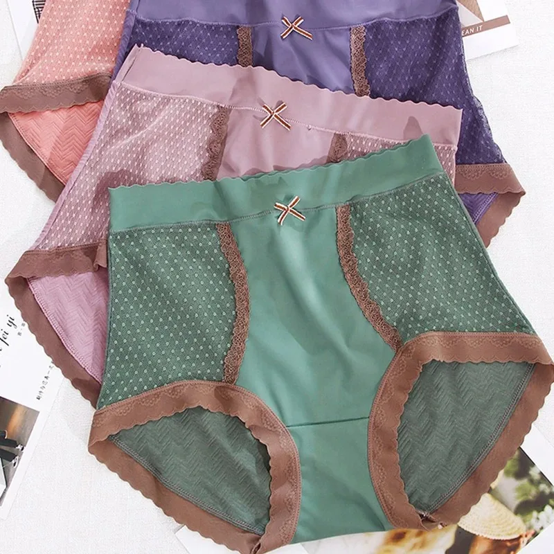 Nuevas bragas de talla grande para mujer, calzoncillos de algodón con seda helada, cintura alta, bragas sexis de algodón con lazo de encaje, ropa interior de talla grande