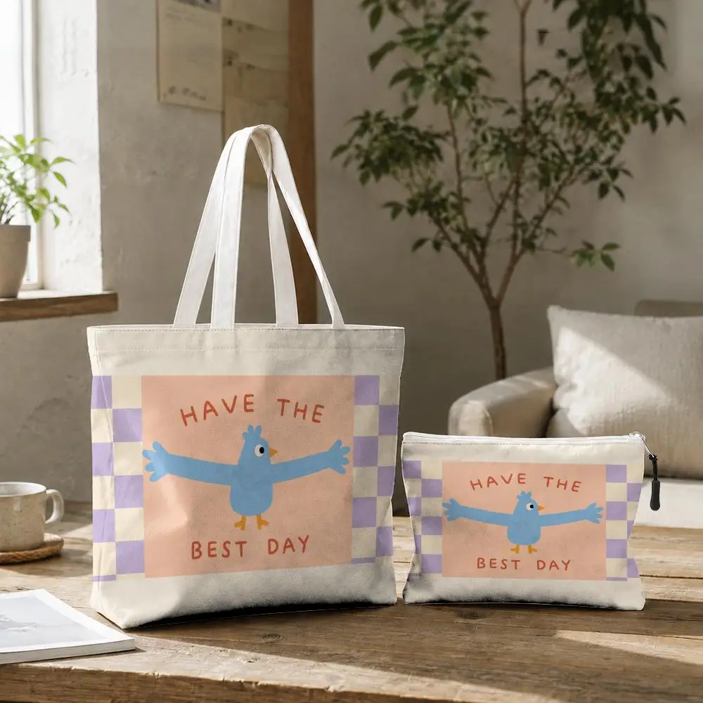 Cute Cartoon Hug Character Storage Bags 2-Pcs Canvas Tote Bag With Zipper Reusable Shopper Bag For Shopping Travel Gift