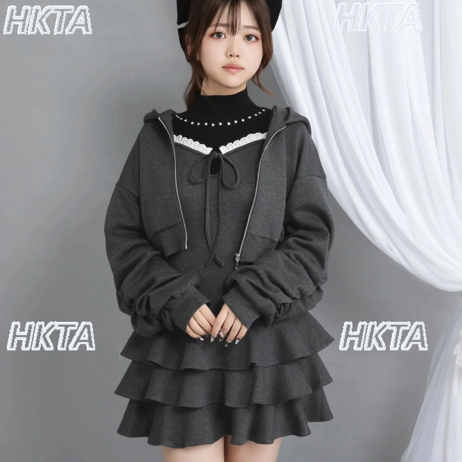 النمط الياباني الخريف جديد الصلبة لطيف الدانتيل سليم الفطريات حافة رقيق الحمالات فستان المرأة الرياضة مقنعين سترة أطقم فساتين النساء #1