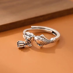 New Personality Creative Carp Lotus 925 Sterling Silver Jewelry Flower Fish Temperament Animal Opening Rings R339