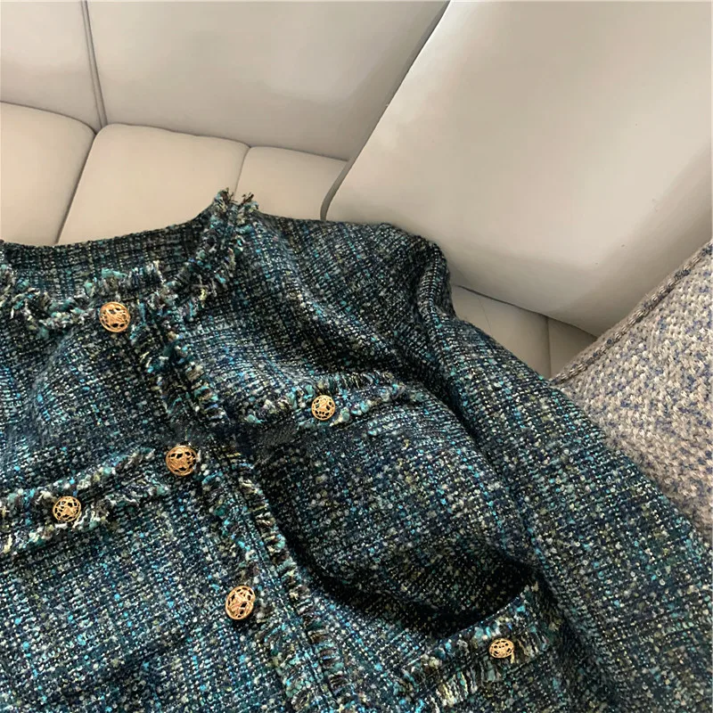 Autumn Winter 2022 New Women\'s Loose Retro Tweed Modern Blue Blazers Coat Female O-Neck Suit