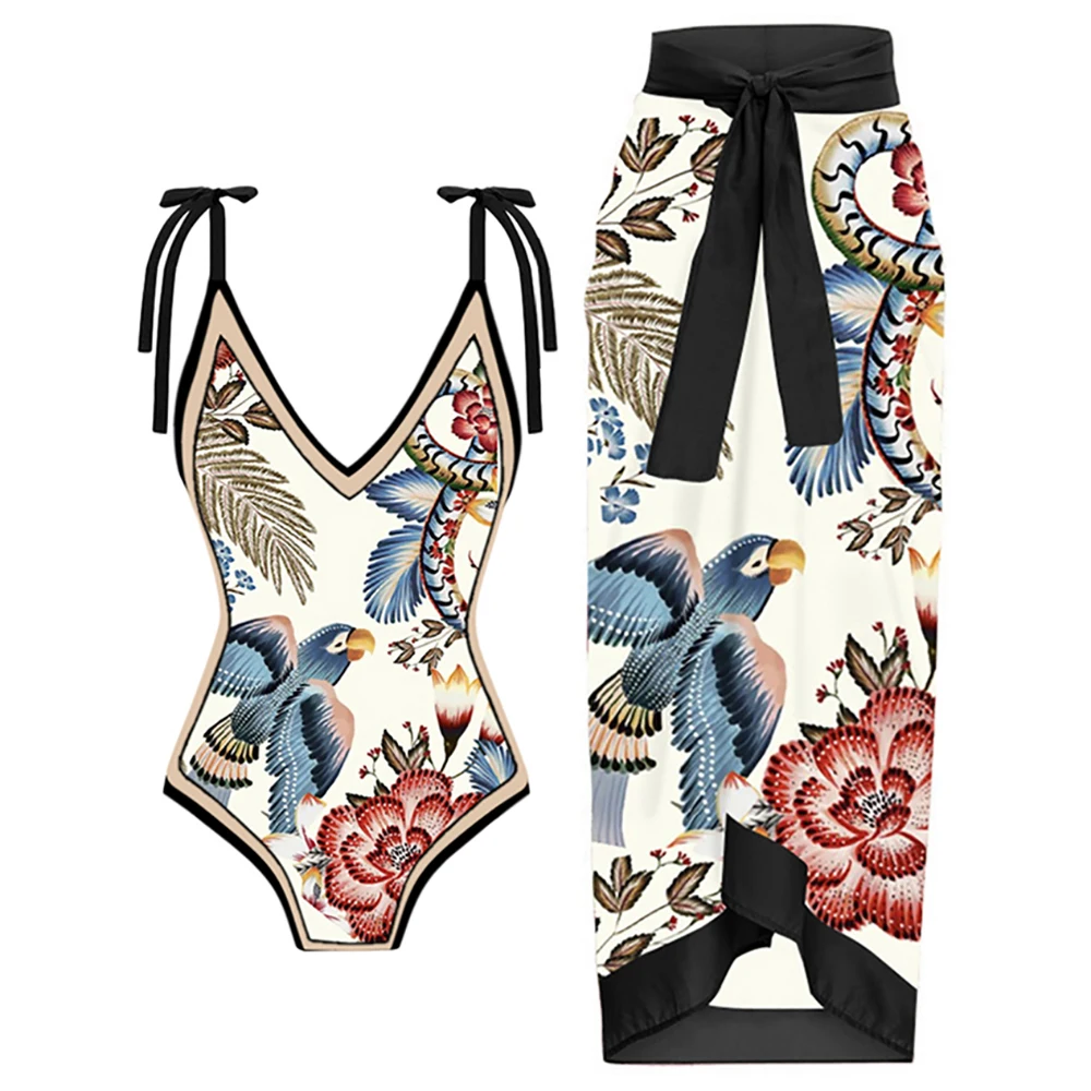 

Fashion New Vintage Bird Deep V Print One Piece Swimsuit 2023 Sexy Comfortable High Quality Beachwear Bikini And Cover Up