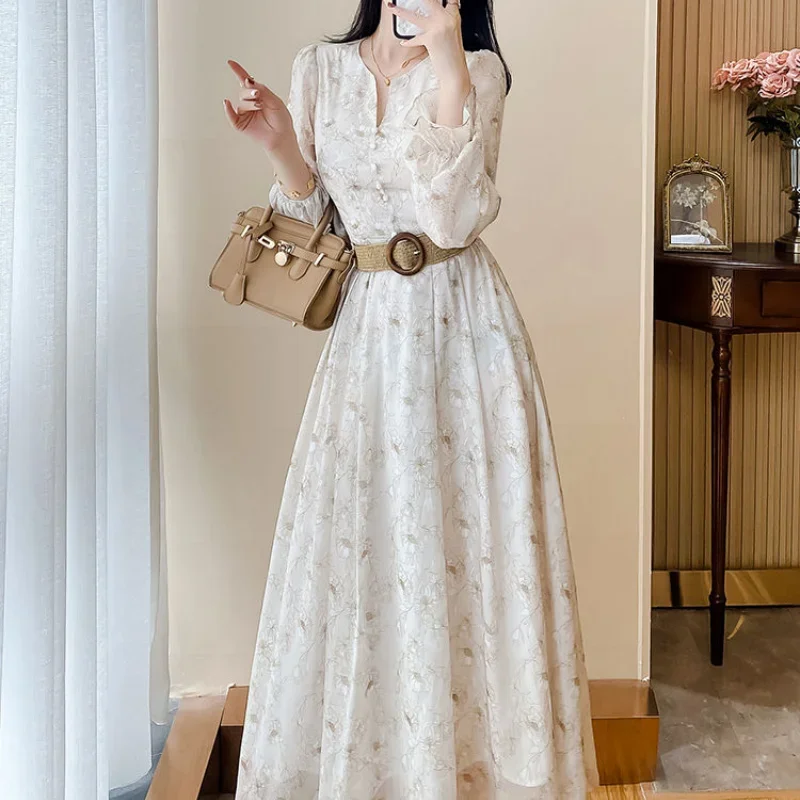 

2024 Autumn New Light Luxury High End Fashion Fragmented Chiffon Dress Women V-neck Button High Waist Sashes Slim A-line Dresses