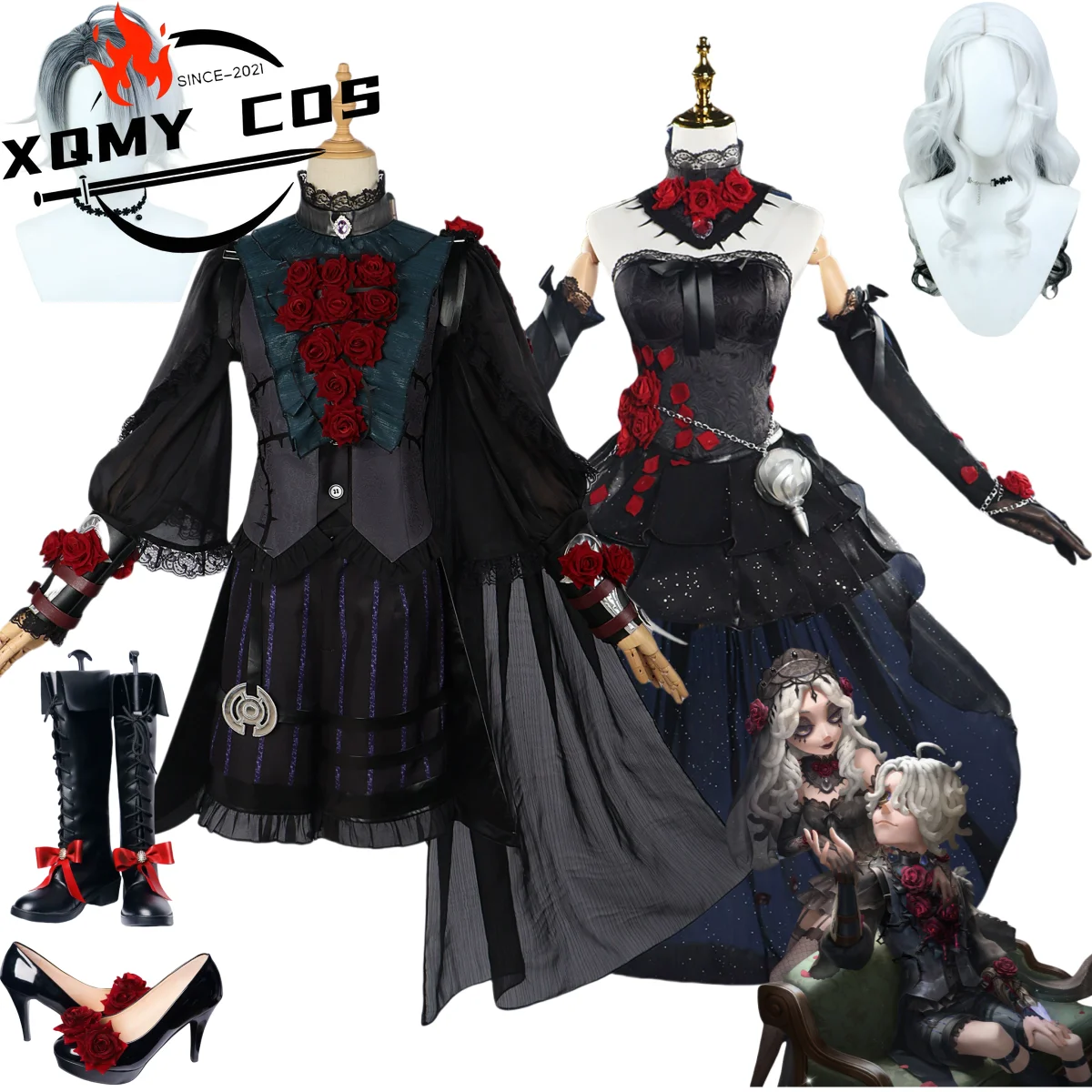 

XQGame Identity VAda Месмер Эмиль Косплей Костюм Психолог Ночь пациента Черная готическая роза Униформа Парик Обувь Мужчина Женщина Вечеринка S