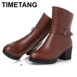 TIMETANG Markowe buty damskie Ciepłe wełniane buty śniegowe Plus Size Oryginalne skórzane buty damskie nowe buty zimowe Buty w rurce