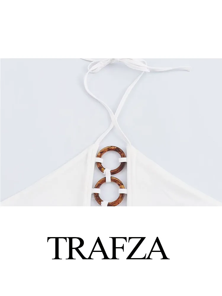 TRAFZA-top feminino com gola alta, camis sexy, top monocromático sem mangas, top sem costas, streetwear oco, verão, 2022