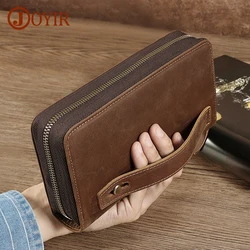 JOYIR Crazy Horse Leather Purse for Men Long Wallet RFID Card Holder Business Clutch Cellphone Bag Male Purses with Hand Strap