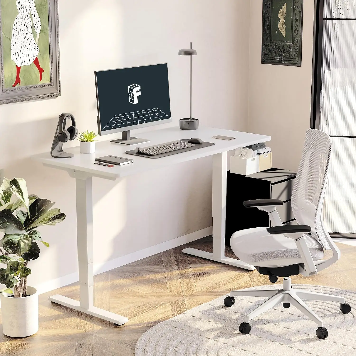 3-Stage Dual Motor Electric Standing Desk 55x28 Inch Sit Stand Desk 220 lbs Adjustable Height Memory Presets White Desktop & Fra
