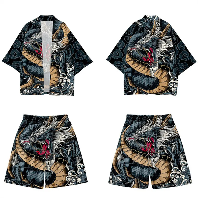 

Yukata Suit Harajuku Kimono Shorts Sets Summer Two-piece Suit 3D Chinese Style Dragon Printed Cardigan Women Men Cosplay Haori