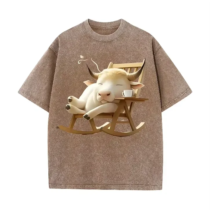 Niedliches, entspannendes T-Shirt mit Kuhmuster im Vintage-Stil, braun, lässig, mit Tiermotiv