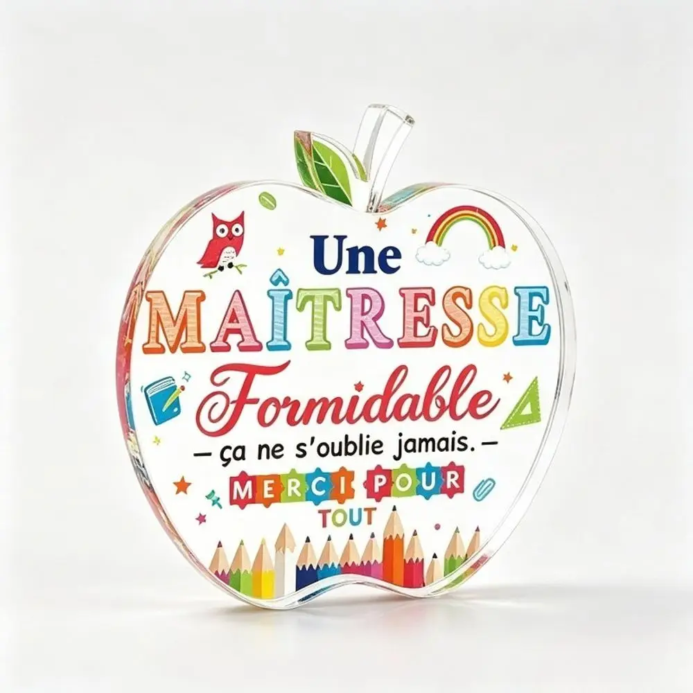 Apple Owl Rainbow Acrylic Desk Plaque, French Maitresse Teacher Appreciation Tabletop Decor Gift