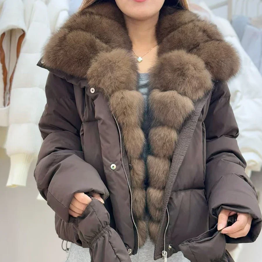 

Black Goose Down Jacket Women Short Real Fur Puffer Jacket New Natural Fox Fur Jacket Thick Warm Puffer Down Coat