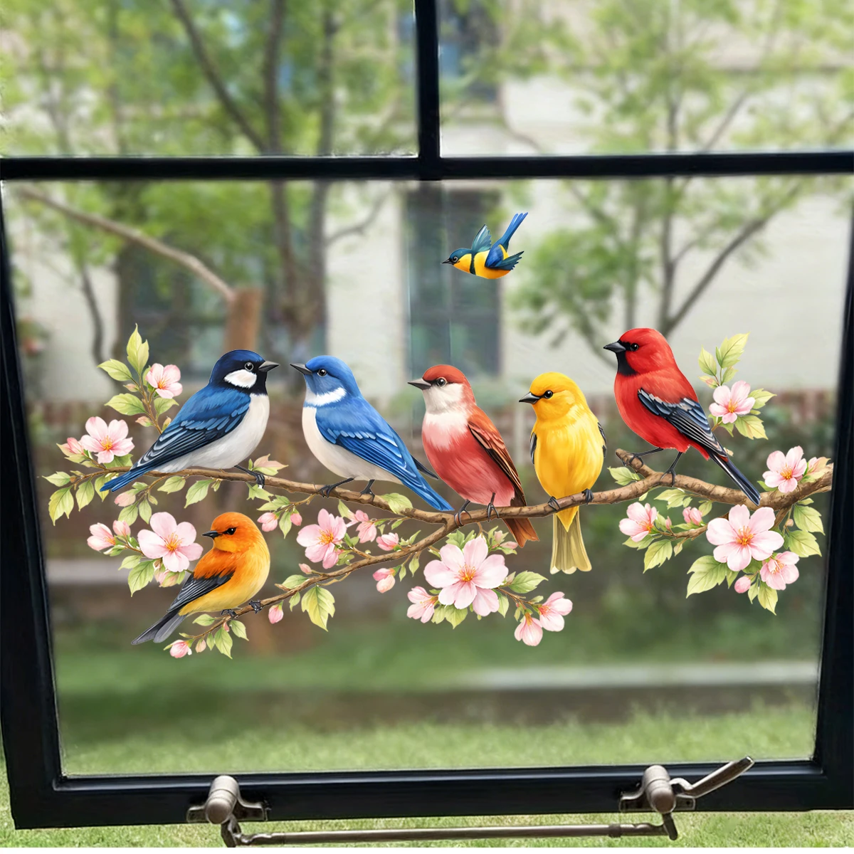 Watercolor Birds & Cherry Blossoms Window Stickers,Static Clings,Colorful Bird Floral Decals for Home Office,Spring Home Decor view 2