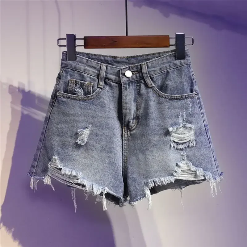 

Oversized High Waisted Loose Raw Edge Denim Wide Leg A-line Pants for Women's Summer Casual Appear Thin Hole Trendy Shorts