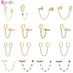 Pendientes de aro de cadena de eslabones de doble agujero para mujer, de Plata de Ley 925, colgante de cristal colorido, joyería Huggie, 1 unidad