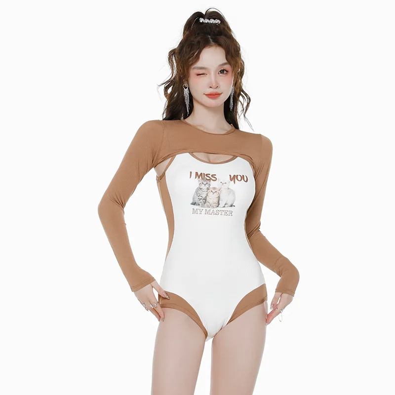 

Beachwear 2023 Korean's Ins Fashionable Swimsuit Triangle One-piece Long-sleeved Sports Conservative Coverup Hot Spring Swimsuit