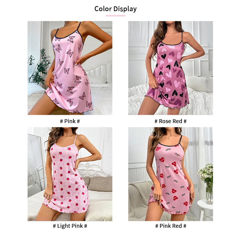 Women\'s Sleepwear Butterfly Print Lettuce Trim Nightdress Casual Round Neck Backless Mini Slip Dress Soft Comfortable Nightwear