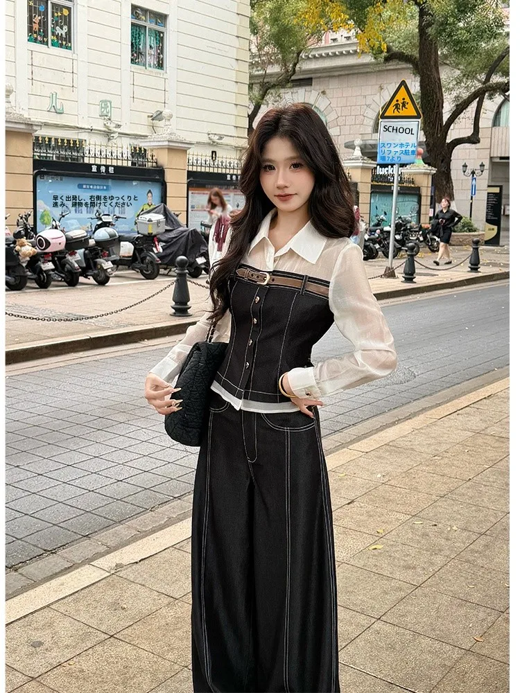 

Blue Silk Neck High Waist Wide Leg Pants Set Slimming Design Spring Fashion Women's Ensemble Breathable Polyester Blend