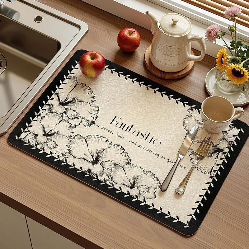 VIKAMA diamond lattice pearl black beige dish drying mat absorbent kitchen drainer pad non slip quick dry washable