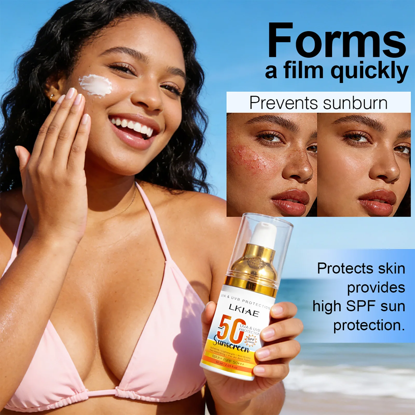 Protector Solar LKIAE Spf 50+, Protección UVA, UVB, Previene Quemaduras Solares, Oscurecimiento de la Piel, Pigmentación, Antiarrugas, Con Aloe Vera