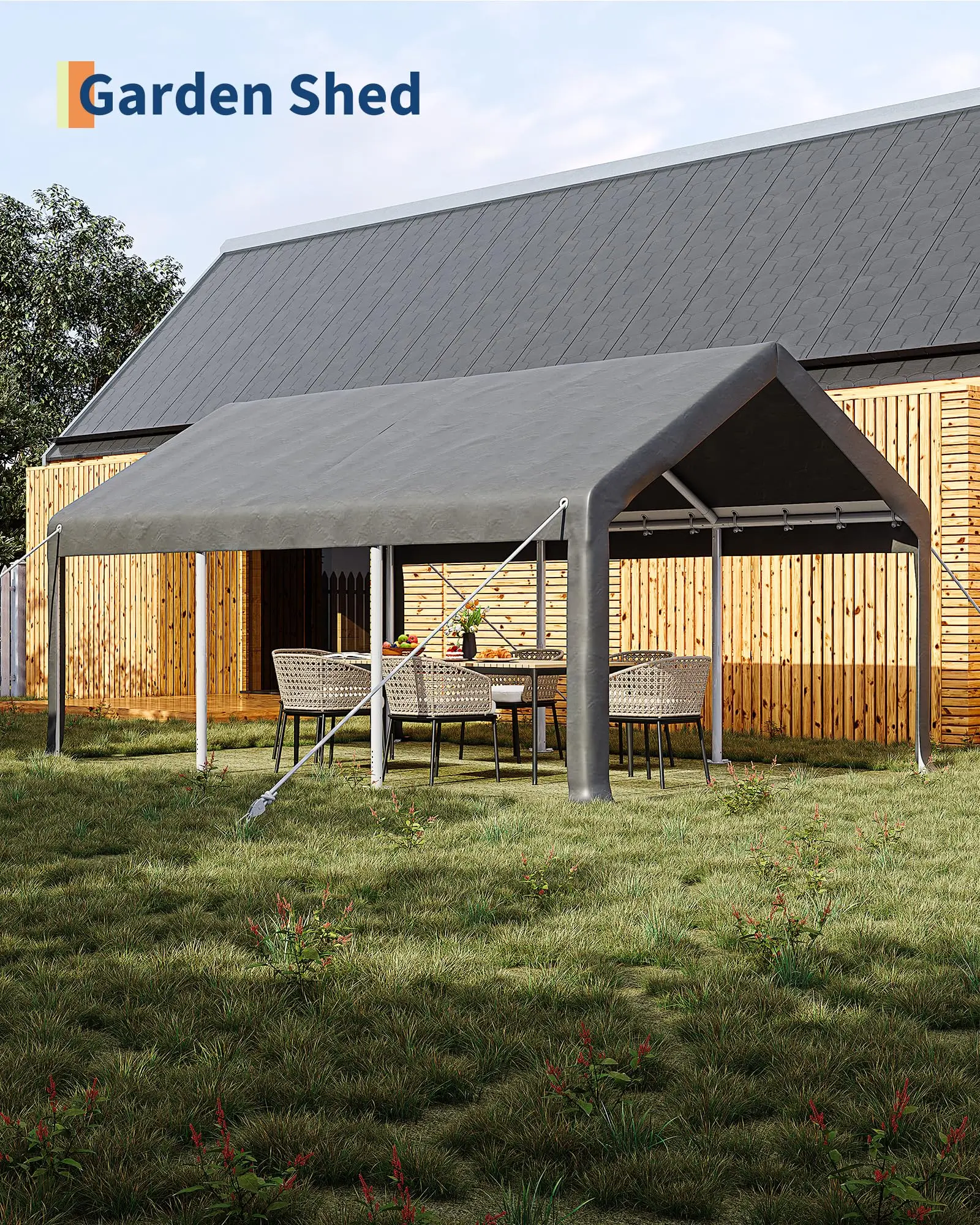 12x20 ft Portable Garage Carport, 200g PE Canopy with 2 Roll-Up Doors & 4 Windows, Multi Use Shelter for Pickups Boats Paint Booth Event view 4
