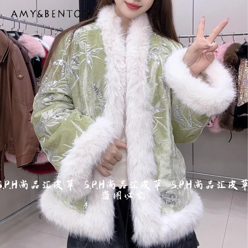 

New Chinese Style Winter Comfortable Soft Long-sleeves Woolen Jacket Women's Padded Heavy Velvet Sequin Elegant Faux Fur Outwear