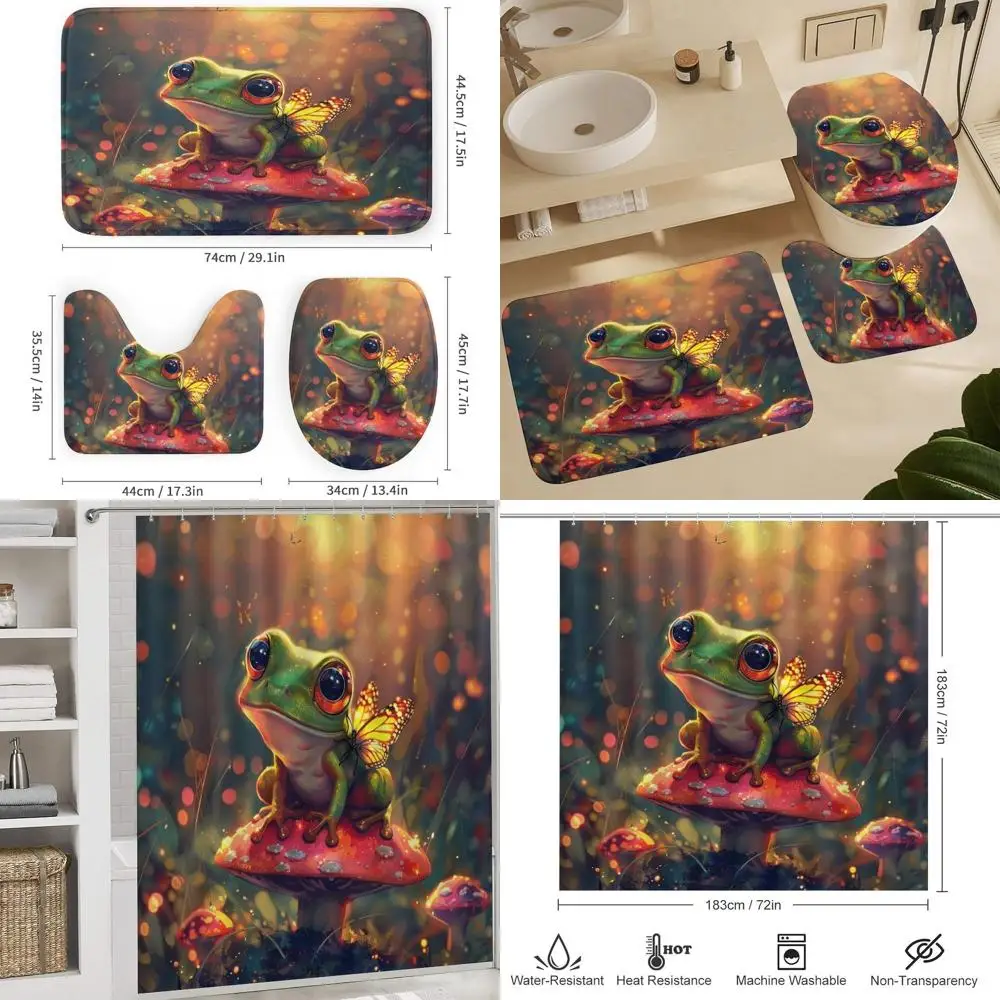 

Cute Frog and Mushroom Shower Curtain Set with Toilet Lid Cover, U-Shaped Mat, Non-Slip Rugs, and Neon Butterfly Bathroom Decor,
