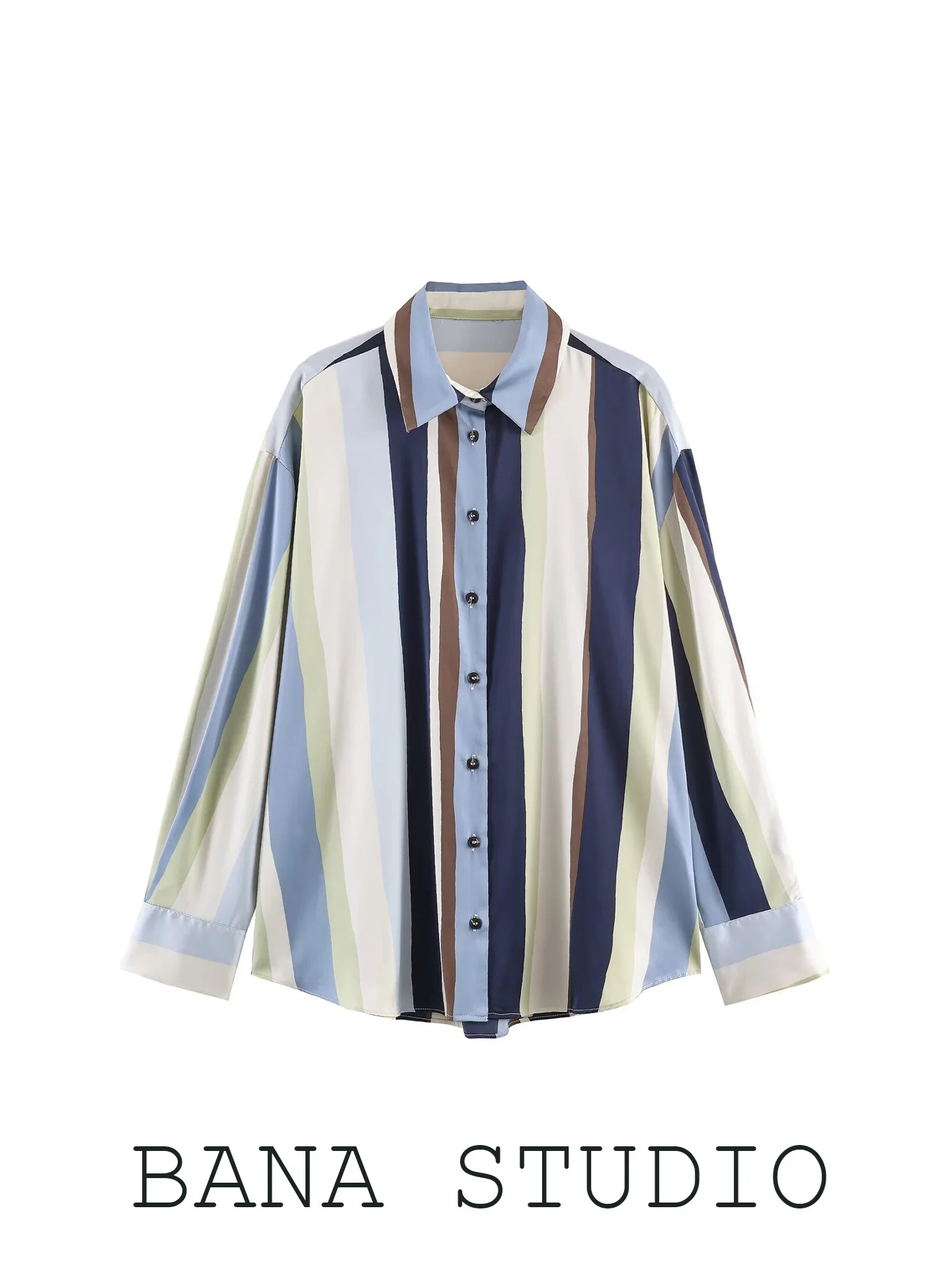 Elegant Long Sleeve Women's Shirt Satin Imitation Striped Pattern BANA Tailor-made Fashionable Business Casual Top