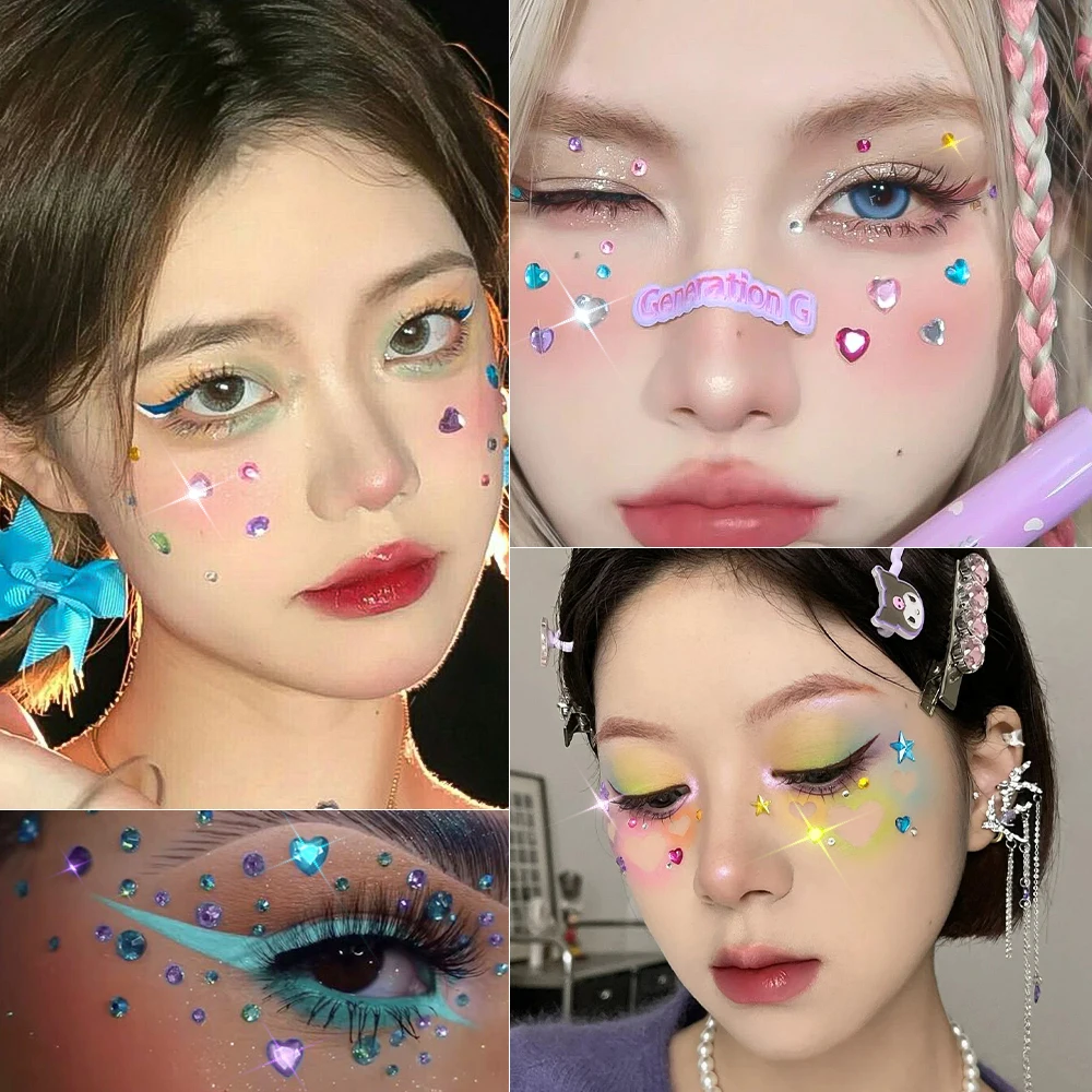 691PCS-3 blätter Gemischte Strass Gesicht Tattoo Aufkleber Bunte Herz/runde/Teardrop Design Selbstklebende Party Augen make-up Aufkleber – Detail 5