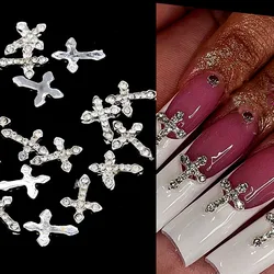 10 Pcs Classic Full Glitter Rhinestones Cross 3d Nail Charms Punk Silver Cross Nail Art decor Luxury Glitter Alloy Cross -123