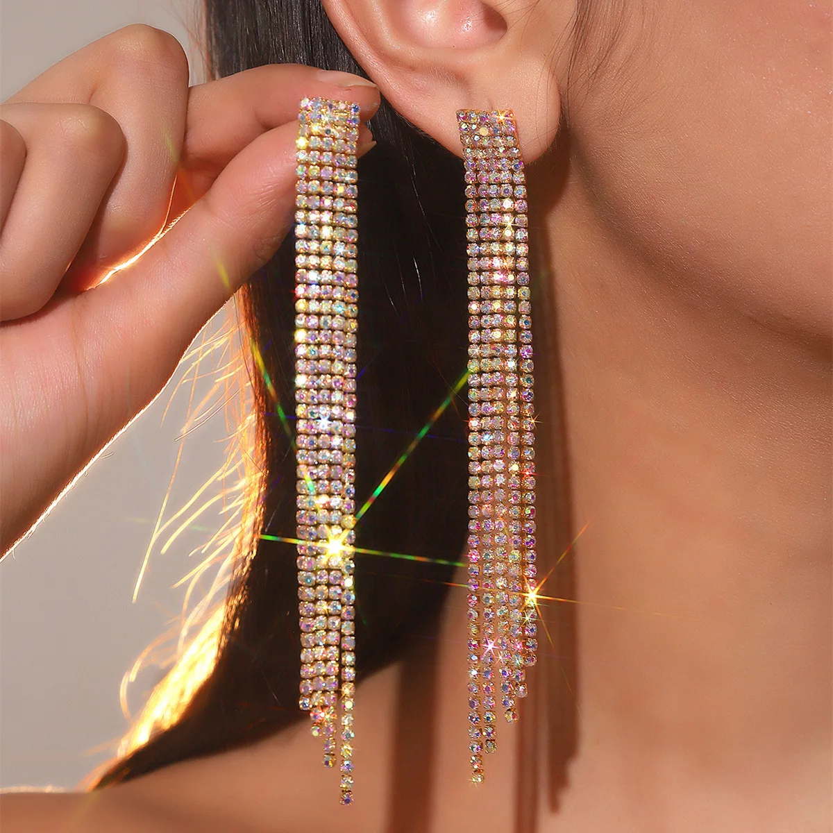 FYUAN Long Tassel Rhinestone Drop Earrings for Women AB Colourful Gold Silver Color Crystal Dangle Earring Party Wedding Jewelry