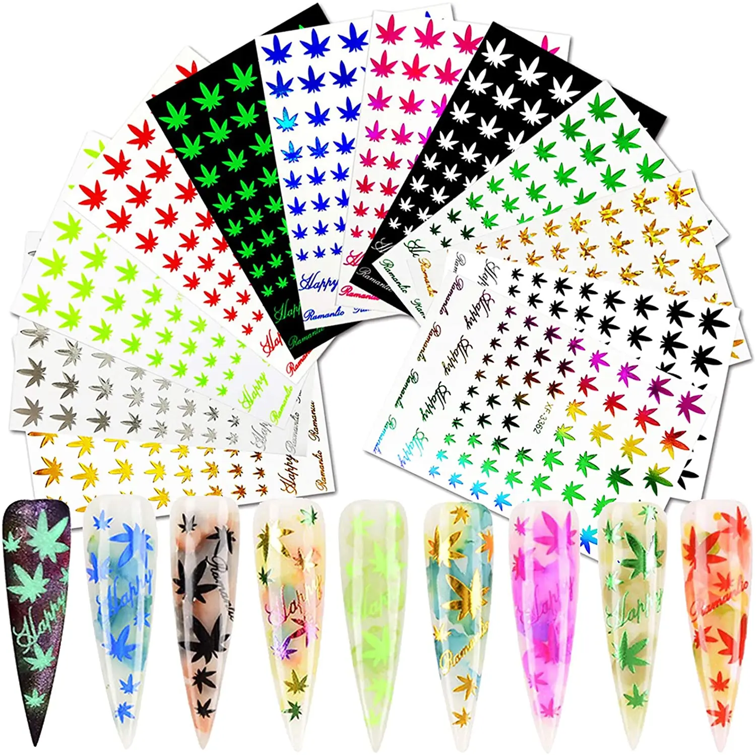 

12 Sheets Weed Leaf Nail Art Stickers Self-Adhesive 3D Maple Leaf Nail Stickers Nail Decals Glitters Flakes Design Nail Supplies