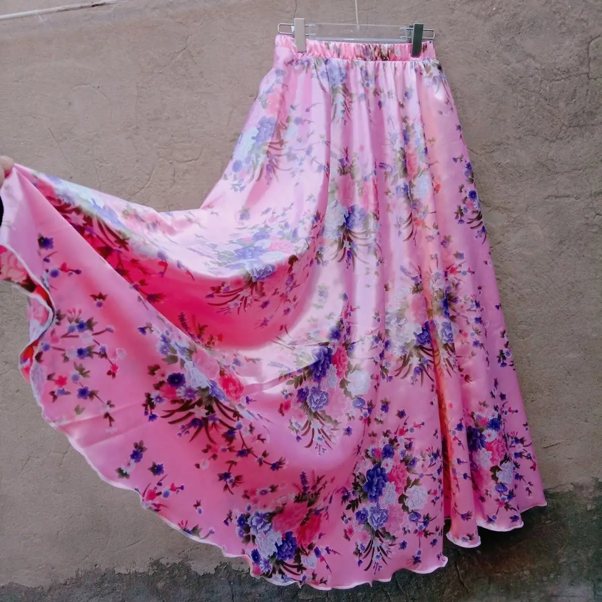 Summer Glossy Satin Silk Long Skirt Sexy Women High Waist Skirt Floral Print Pleated Bottoms